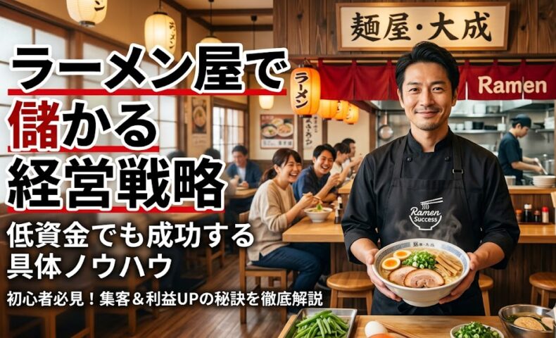 繁盛しているラーメン店の店内で、自信に満ちた表情でラーメンを持つ店主の男性。背景には食事を楽しむ客が写っており、「ラーメン屋で儲かる経営戦略｜低資金でも成功する具体ノウハウ」という文字が中央に配置されている。