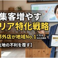 集客増やすためのエリア特化戦略を解説する日本人女性専門家。地方・郊外店のGoogleマップ活用と地域No.1戦略をイメージしたアイキャッチ画像。