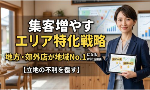 集客増やすためのエリア特化戦略を解説する日本人女性専門家。地方・郊外店のGoogleマップ活用と地域No.1戦略をイメージしたアイキャッチ画像。