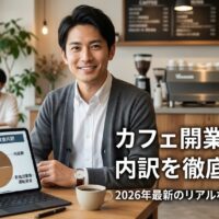 2026年のカフェ開業資金内訳を示す円グラフが映ったタブレットを前に、自信を持って解説する日本人男性専門家の画像。右側に「カフェ開業資金の内訳を徹底解剖！2026年最新のリアルな費用と節約術」の大きな文字タイトル。