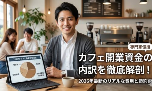 2026年のカフェ開業資金内訳を示す円グラフが映ったタブレットを前に、自信を持って解説する日本人男性専門家の画像。右側に「カフェ開業資金の内訳を徹底解剖！2026年最新のリアルな費用と節約術」の大きな文字タイトル。