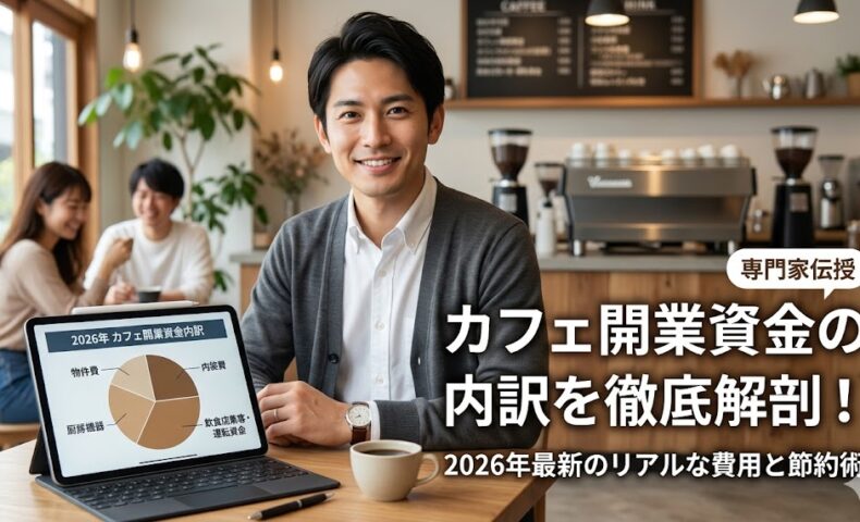 2026年のカフェ開業資金内訳を示す円グラフが映ったタブレットを前に、自信を持って解説する日本人男性専門家の画像。右側に「カフェ開業資金の内訳を徹底解剖！2026年最新のリアルな費用と節約術」の大きな文字タイトル。