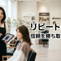 美容室で笑顔で接客する日本人スタイリストとリピート率向上のテキスト