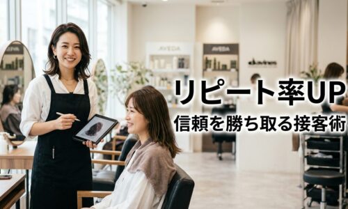 美容室で笑顔で接客する日本人スタイリストとリピート率向上のテキスト