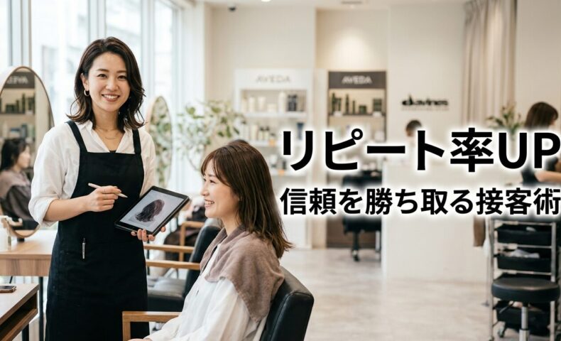 美容室で笑顔で接客する日本人スタイリストとリピート率向上のテキスト
