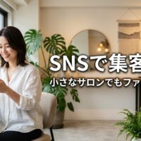 美容室でスマートフォンを使いSNS集客をする日本人女性スタイリスト