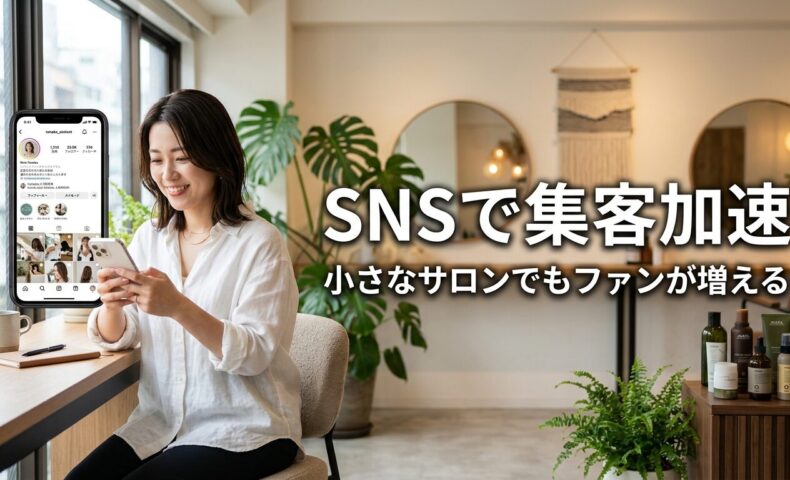 美容室でスマートフォンを使いSNS集客をする日本人女性スタイリスト