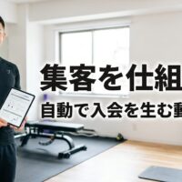 パーソナルジムでタブレットを持ち入会相談に応じる日本人トレーナー
