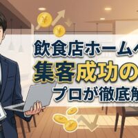 飲食店ホームページ集客成功の秘訣を解説する記事のアイキャッチ画像。資料とPCを持った信頼感のある日本人男性が成功のポイントを示しているデザイン。