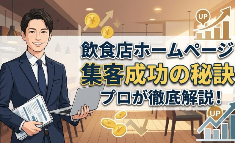 飲食店ホームページ集客成功の秘訣を解説する記事のアイキャッチ画像。資料とPCを持った信頼感のある日本人男性が成功のポイントを示しているデザイン。