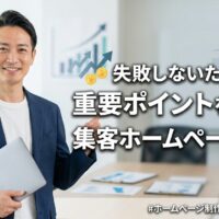 集客ホームページ制作で失敗しないための重要ポイントを解説する記事のアイキャッチ画像。PCを持った信頼感のある日本人男性が成功のポイントを指し示している様子。