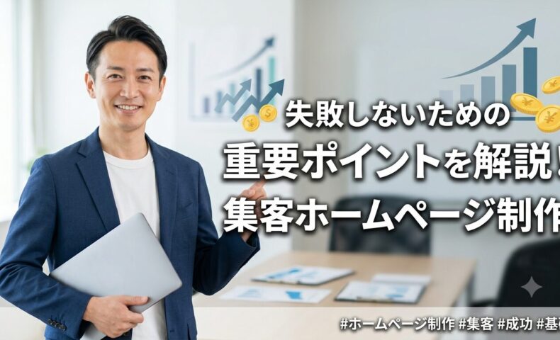 集客ホームページ制作で失敗しないための重要ポイントを解説する記事のアイキャッチ画像。PCを持った信頼感のある日本人男性が成功のポイントを指し示している様子。