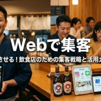 Webで集客を成功させる飲食店のアイキャッチ画像。タブレットを持つ笑顔の日本人店主と、賑わう居酒屋の店内、SNSやGoogleマップの画面が表示された端末。
