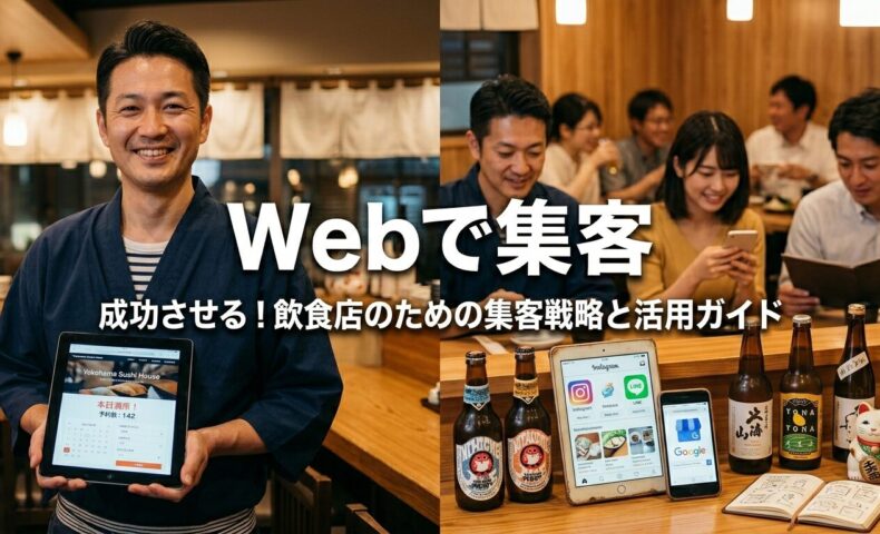 Webで集客を成功させる飲食店のアイキャッチ画像。タブレットを持つ笑顔の日本人店主と、賑わう居酒屋の店内、SNSやGoogleマップの画面が表示された端末。