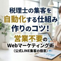 税理士が集客を自動化する仕組み作りと、営業不要のWebマーケティング術を解説する記事のアイキャッチ。カフェで女性コンサルタントがデータ資料とタブレットを提示し、中央に大きく記事タイトル文字が配置されている。