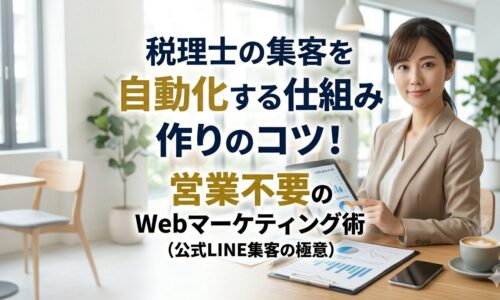 税理士が集客を自動化する仕組み作りと、営業不要のWebマーケティング術を解説する記事のアイキャッチ。カフェで女性コンサルタントがデータ資料とタブレットを提示し、中央に大きく記事タイトル文字が配置されている。
