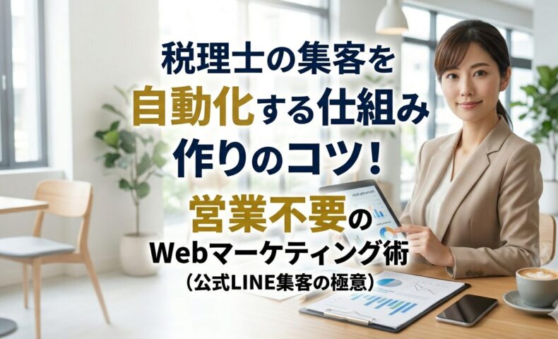 税理士が集客を自動化する仕組み作りと、営業不要のWebマーケティング術を解説する記事のアイキャッチ。カフェで女性コンサルタントがデータ資料とタブレットを提示し、中央に大きく記事タイトル文字が配置されている。