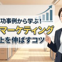 集客マーケティング成功事例から学ぶ売上を伸ばすコツを解説する記事のアイキャッチ画像。PCを持った笑顔の女性ビジネスパーソンが成功のポイントを指し示しているデザイン。