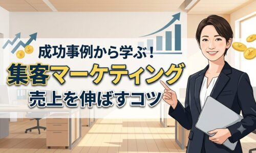 集客マーケティング成功事例から学ぶ売上を伸ばすコツを解説する記事のアイキャッチ画像。PCを持った笑顔の女性ビジネスパーソンが成功のポイントを指し示しているデザイン。