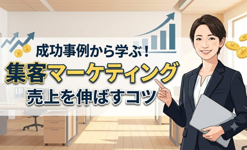 集客マーケティング成功事例から学ぶ売上を伸ばすコツを解説する記事のアイキャッチ画像。PCを持った笑顔の女性ビジネスパーソンが成功のポイントを指し示しているデザイン。