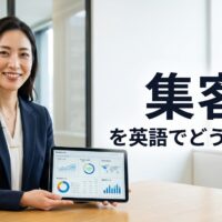 マーケティング分析データが表示されたタブレットを持ち、微笑むビジネスパーソンと「集客を英語でどう言う？」という文字