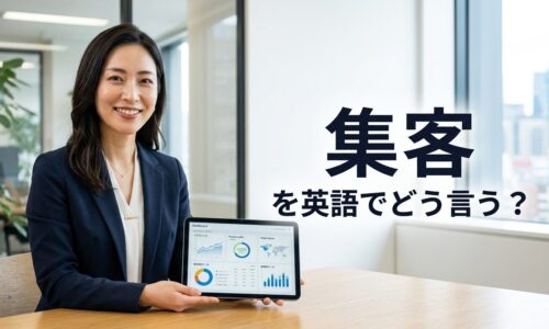 マーケティング分析データが表示されたタブレットを持ち、微笑むビジネスパーソンと「集客を英語でどう言う？」という文字