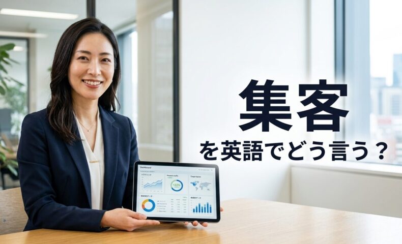 マーケティング分析データが表示されたタブレットを持ち、微笑むビジネスパーソンと「集客を英語でどう言う？」という文字