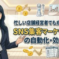SNS集客マーケティングの自動化・効率化を解説する記事のアイキャッチ画像。PCを見ながら笑顔の日本人人物が業務効率化のポイントを示しているデザイン。