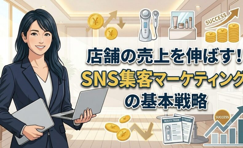 SNSを活用した集客マーケティングの基本戦略を解説する記事のアイキャッチ画像。PCを持った信頼感のある人物が成功のポイントを示しているデザイン。