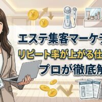 高級感のあるエステサロンで、リピート率が上がる集客マーケティングの仕組みを解説する日本人女性モデルのアイキャッチ画像。