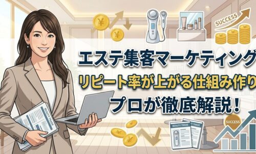 高級感のあるエステサロンで、リピート率が上がる集客マーケティングの仕組みを解説する日本人女性モデルのアイキャッチ画像。