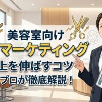 美容室向け集客マーケティングの秘訣を解説する記事のアイキャッチ画像。資料とPCを持った信頼感のある日本人女性が成功のポイントを示しているデザイン。