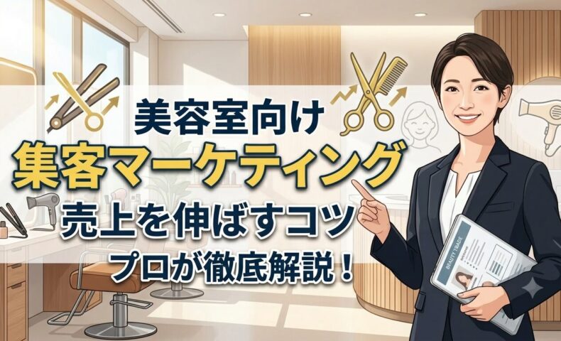 美容室向け集客マーケティングの秘訣を解説する記事のアイキャッチ画像。資料とPCを持った信頼感のある日本人女性が成功のポイントを示しているデザイン。