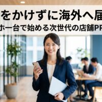 スマートフォンとノートPCを持つ日本人ビジネス女性、お金をかけずに海外へ届くスマホ一台で始める次世代の店舗PR戦略のイメージ