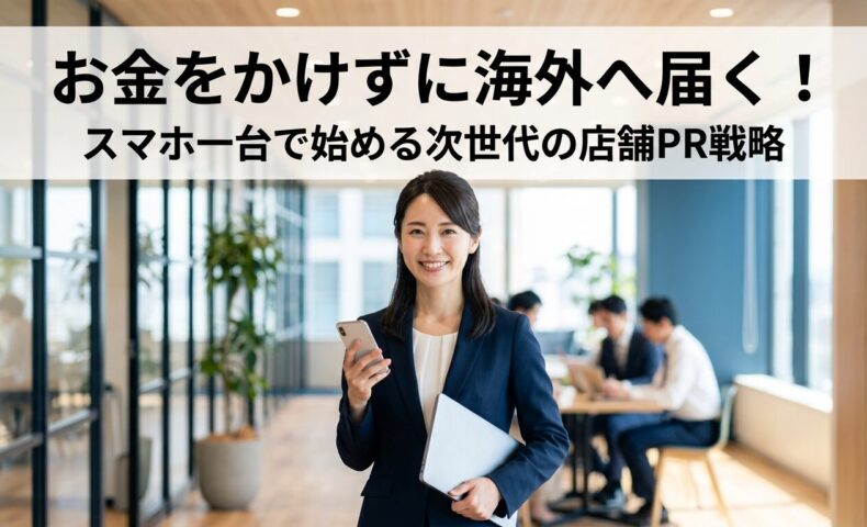 スマートフォンとノートPCを持つ日本人ビジネス女性、お金をかけずに海外へ届くスマホ一台で始める次世代の店舗PR戦略のイメージ