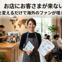 カフェでタブレットと資料を持つ日本人女性店舗オーナー、インバウンド集客で海外のファンが増える店舗経営戦略のイメージ