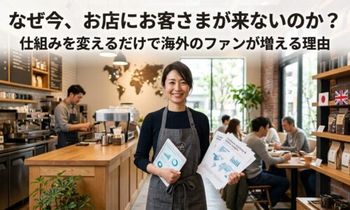 カフェでタブレットと資料を持つ日本人女性店舗オーナー、インバウンド集客で海外のファンが増える店舗経営戦略のイメージ