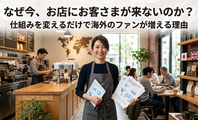 カフェでタブレットと資料を持つ日本人女性店舗オーナー、インバウンド集客で海外のファンが増える店舗経営戦略のイメージ