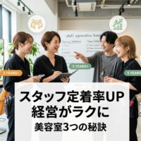 明るい現代的な美容室で日本人スタッフチームが笑顔で集まり、仲間意識と職場満足を示しながら、背景にはスタイリングステーションと快適な職場環境が見えるポジティブな職場風景
