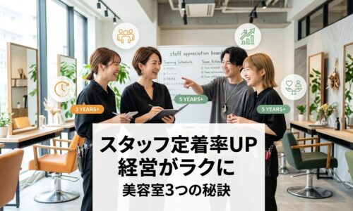 明るい現代的な美容室で日本人スタッフチームが笑顔で集まり、仲間意識と職場満足を示しながら、背景にはスタイリングステーションと快適な職場環境が見えるポジティブな職場風景