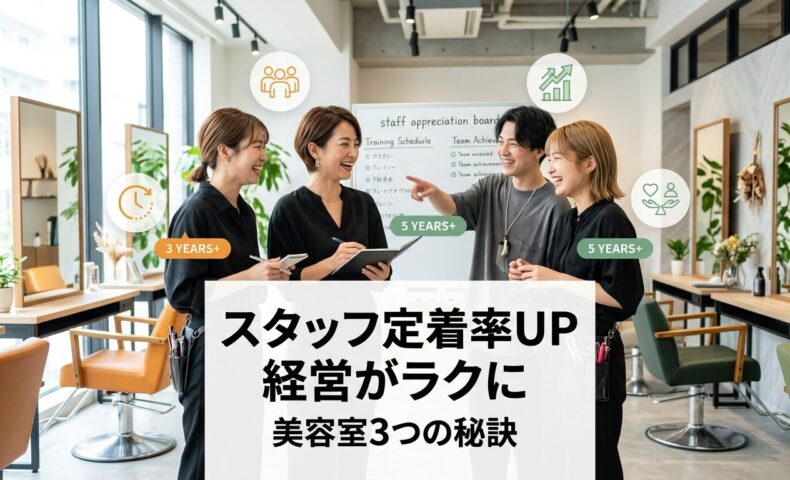 明るい現代的な美容室で日本人スタッフチームが笑顔で集まり、仲間意識と職場満足を示しながら、背景にはスタイリングステーションと快適な職場環境が見えるポジティブな職場風景