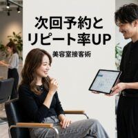 現代的な美容室で日本人スタイリストが女性クライアントとタブレットを使って次回予約の相談をしながら、温かいアイコンタクトと笑顔で信頼関係を築いている様子
