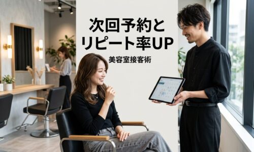 現代的な美容室で日本人スタイリストが女性クライアントとタブレットを使って次回予約の相談をしながら、温かいアイコンタクトと笑顔で信頼関係を築いている様子