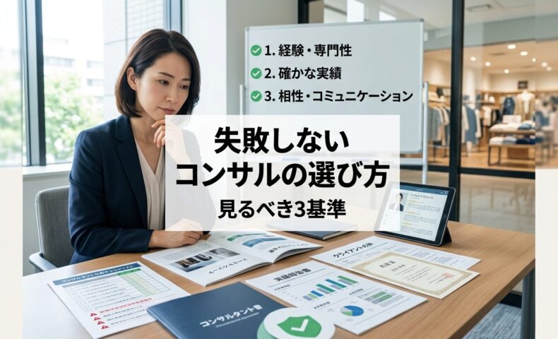 現代的なビジネスオフィスで日本人経営者が複数のコンサルタント提案書と評価基準チェックリストを慎重に比較検討し、背景には3つの選定基準が表示されたホワイトボードが見える分析的な意思決定の様子