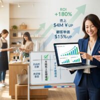 現代的な店舗で日本人経営者とビジネスコンサルタントが協力して右肩上がりの売上グラフと成長戦略をタブレットで確認し、背景には繁盛している店舗内と顧客が見える成功的なパートナーシップの様子