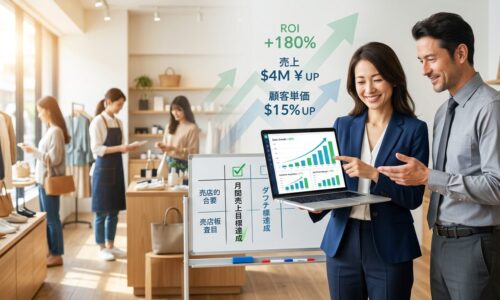 現代的な店舗で日本人経営者とビジネスコンサルタントが協力して右肩上がりの売上グラフと成長戦略をタブレットで確認し、背景には繁盛している店舗内と顧客が見える成功的なパートナーシップの様子