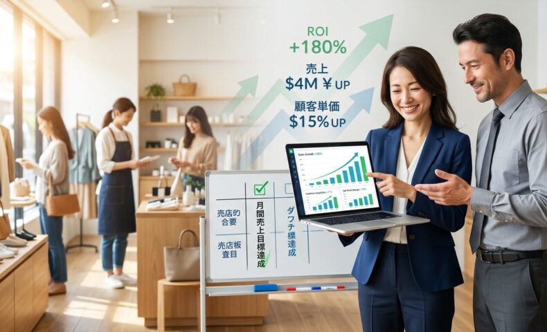 現代的な店舗で日本人経営者とビジネスコンサルタントが協力して右肩上がりの売上グラフと成長戦略をタブレットで確認し、背景には繁盛している店舗内と顧客が見える成功的なパートナーシップの様子