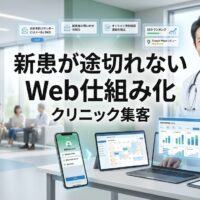現代的なクリニックで日本人医師がノートパソコンとタブレットで自動化された患者管理システムと継続的な新患予約を確認し、背景には清潔な待合室と患者が見えるプロフェッショナルな医療空間