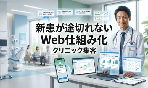 現代的なクリニックで日本人医師がノートパソコンとタブレットで自動化された患者管理システムと継続的な新患予約を確認し、背景には清潔な待合室と患者が見えるプロフェッショナルな医療空間