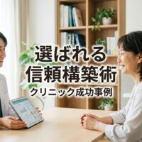 温かい日本のクリニックで医師が患者と信頼関係に基づいた共感的な診察を行い、背景には明るく歓迎的な待合室と患者の証言が飾られた壁が見える患者中心の医療空間